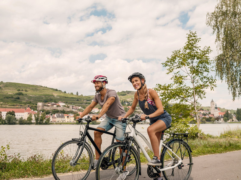 Donauradweg bei Mautern, Krems-Stein im Hintergrund, Wachau