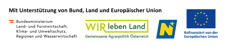 Die Logos des Bundesministeriums, von WIR leben Land, Niederösterreich und der Europäischen Union